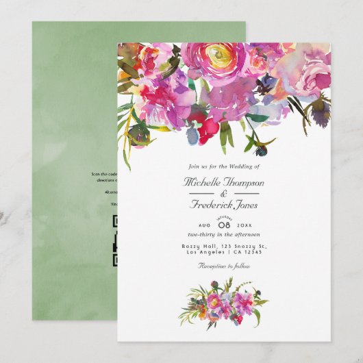 Invitation Peonies roses vintages Code QR Mariage RSVP (Devant / Derrière)