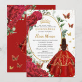 Invitation Peonies rouges Floral Princesse robe Quinceañera (Devant / Derrière)