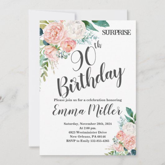 Invitation Peonies vertes et roses à la menthe 90e anniversai (Devant)