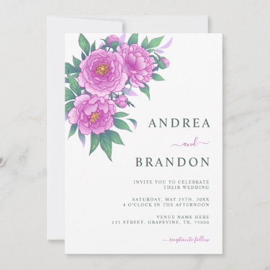 Invitation Peonines roses exotiques Sage Mariage vert tout en (Devant)