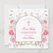 Invitation Peonis et Rose Arc Premier Carré Communion (Devant)