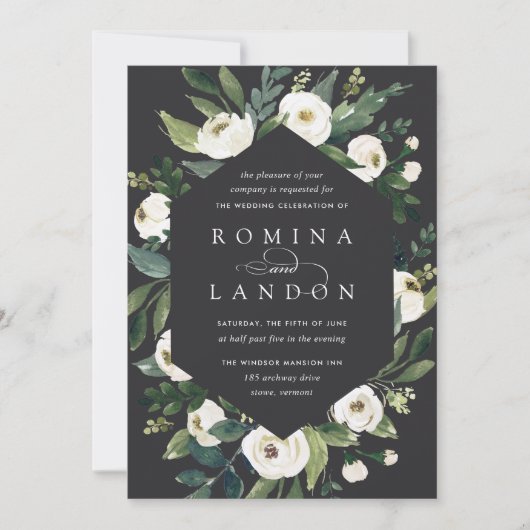 Invitation Peony blanc | Mariage de cadre fleuri géométrique (Devant)