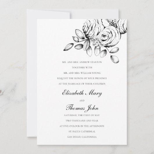 Invitation Peony Croquis noir blanc Formal Mariage classique (Devant)