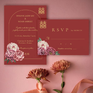 Invitation Peony Double Bonheur Chinois moderne Mariage RSVP