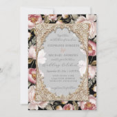Invitation Peony Elegant Floral Gold w rose n Mariage noir (Devant)