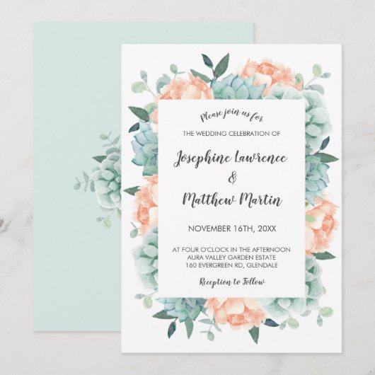 Invitation Peony et Succulents Aquarelle Floral Mariage (Devant / Derrière)