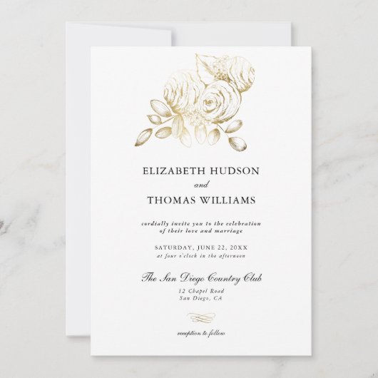 Invitation Peony Floral Art Sketch Faux Gold Classic Mariage (Devant)