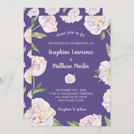 Invitation Peony Floral Violet Puple Wedding (Devant / Derrière)
