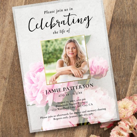 Invitation Peony Flowers Celebration of Life Photo, Funeral