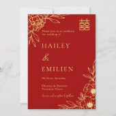 Invitation Peony Flowers Modern Chinese Red Gold Wedding  (Devant)