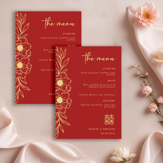 Invitation Peony Flowers Modern Chinese Red Gold Wedding Menu