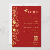 Invitation Peony Flowers Modern Chinese Red Gold Wedding Menu (Devant)