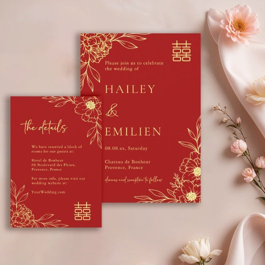 Invitation  Peony Flowers Modern Chinese Red Wedding Details 
