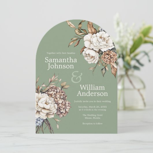 Invitation Peony moderne et Hydrangea Mariage vert olive (Debout devant)