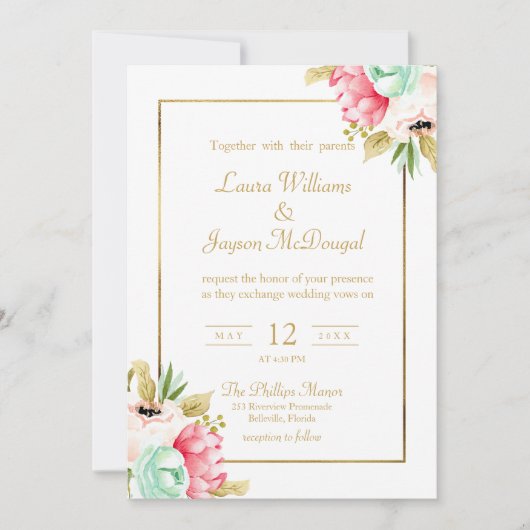 Invitation Peony Pastel Aquarelles Mariage de script or (Devant)
