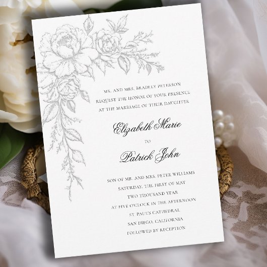 Invitation Peony Radiant White Elegant Formal Classic Wedding