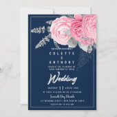 Invitation Peony rose argent parties scintillant marine bleu  (Devant)