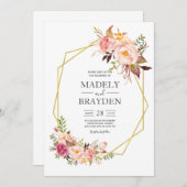 Invitation Peony rose Blush et Mariage or (Devant / Derrière)