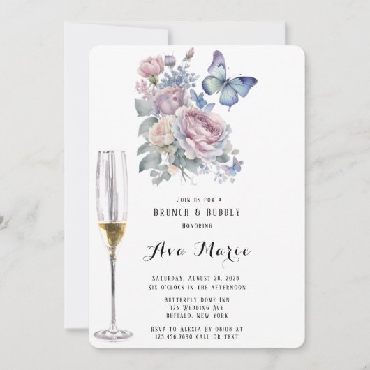 Invitation Peony rose Dusty Bleu Papillon Brunch & Bubbly (Devant)