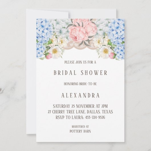 Invitation Peony rose Romantique Blue Hydrangea Fête des mari (Devant)