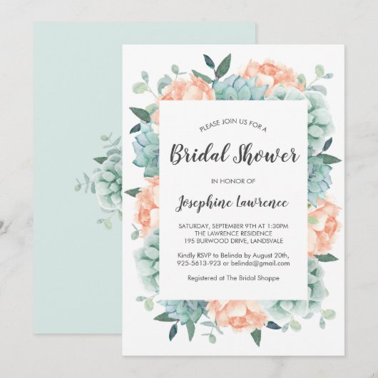 Invitation Peony & Succulents Fête des mariées aquarelle (Devant / Derrière)