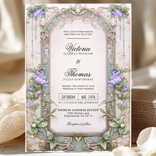 Invitation Peony violet et cadre or Art Nouveau Mariage