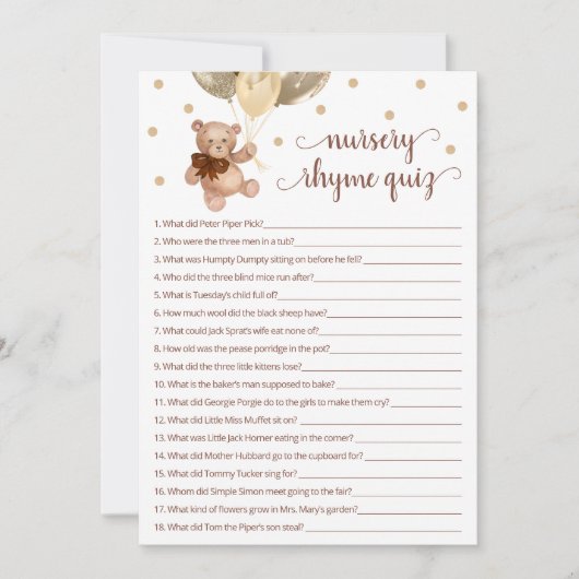 Invitation Pépinière Rhyme Quiz Jeu Teddy Bear Card (Devant)