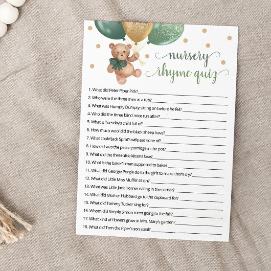 Invitation Pépinière Rhyme Quiz Jeu Teddy Bear Card