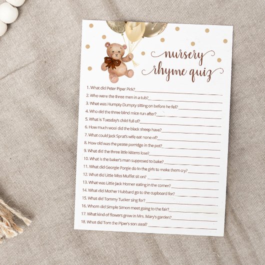 Invitation Pépinière Rhyme Quiz Jeu Teddy Bear Card