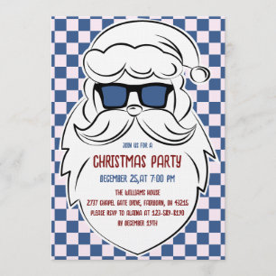 Invitation Père Noël à carreaux rétro bleu et rose Noël