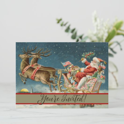 Invitation Père Noël Antique Sleigh Reindeer (Debout devant)