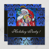 INVITATION PÈRE NOËL AVEC VIOLIN, BLEU BLACK DAMASK MONOGRAM  (Devant / Derrière)