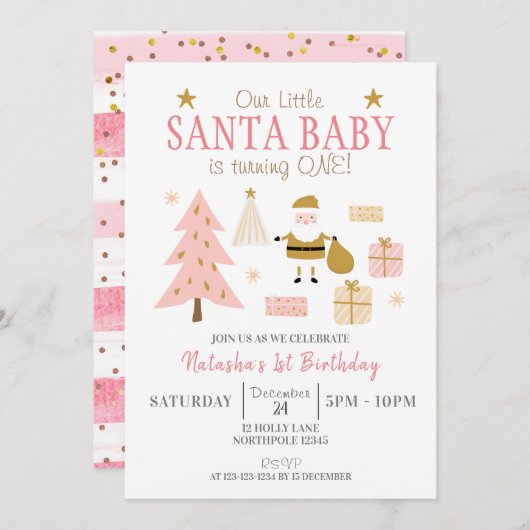 Invitation Père Noël Baby fait un tour, Fille fête d'annivers (Devant / Derrière)