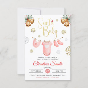 Invitation Père Noël Baby Gold Snowflakes Winter Baby Girl Do