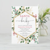Invitation Père Noël Baby Noël rouge verdure baby shower or (Debout devant)
