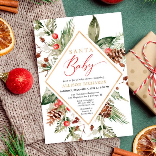 Invitation Père Noël Baby Rustic Winter Greenery baby shower