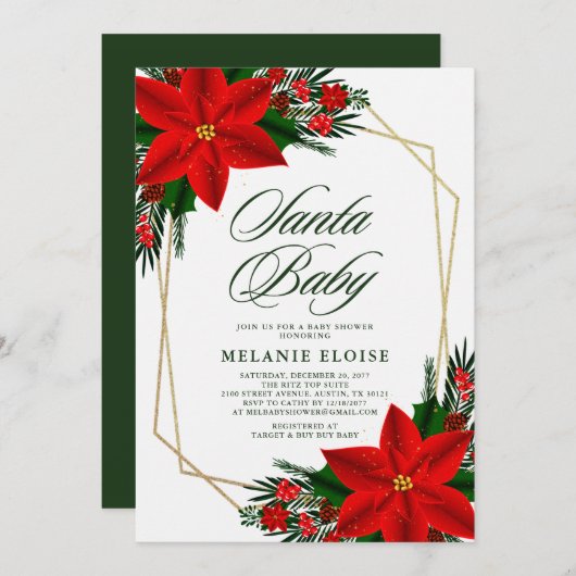 Invitation Père Noël Baby shower Poinsettia Noël vert (Devant / Derrière)