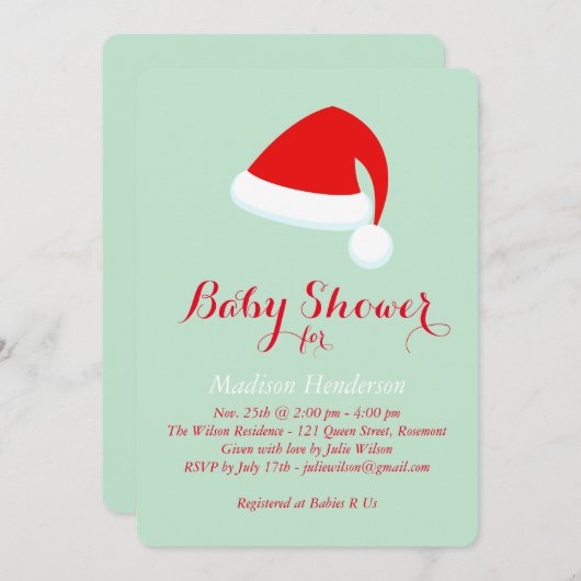 Invitation père Noël Baby shower - rouge & vert (Devant / Derrière)