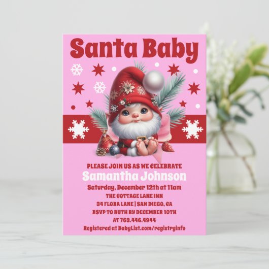 Invitation Père Noël bébé rose Baby shower fille de Noël (Debout devant)