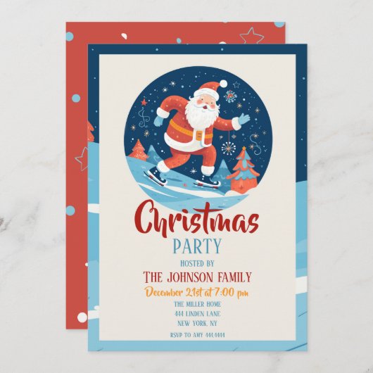 Invitation Père Noël de Noël en dessin animé patinant sur gla (Devant / Derrière)