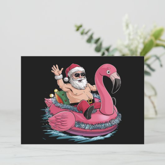 Invitation Père Noël Flamant rose Floatie Noël En Juillet Été (Debout devant)