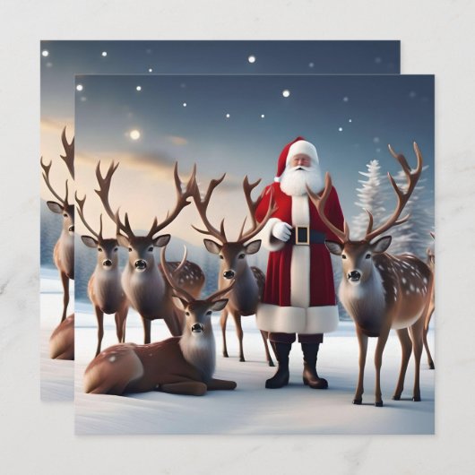 Invitation Père Noël Posant Avec Ses Rennes, (Devant / Derrière)