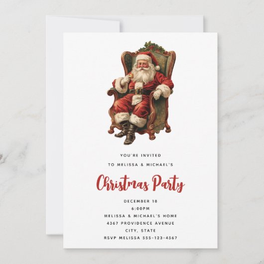 Invitation Père Noël rétro assis dans un fauteuil de Noël (Devant)