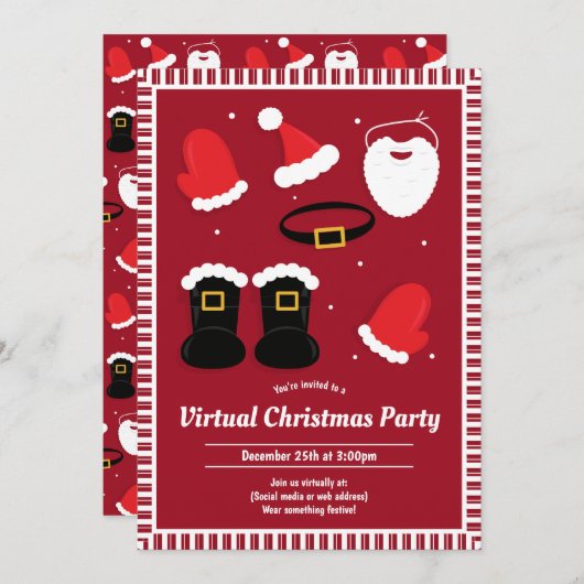 Invitation Père Noël Suit Pièces Rouge Virtual Christmas Part (Devant / Derrière)