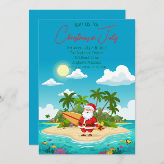 Invitation Père Noël sur une île Noël en juillet (Devant / Derrière)