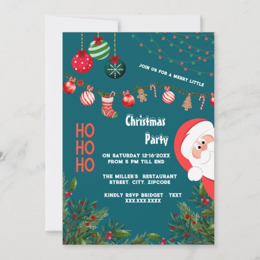Invitation Père Noël turquoise & Ornements Fête de Noël (Devant)