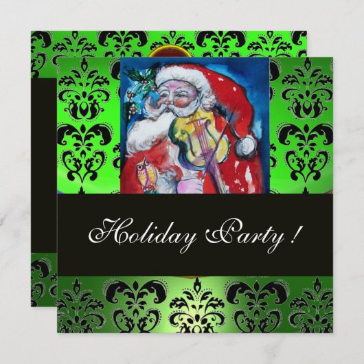 INVITATION PÈRE NOËL & VIOLIN, VERT NOIR DOMMASQUE MONOGRAM, (Devant / Derrière)