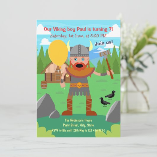 Invitation Père viking avec appel en ballon à la fête (Debout devant)