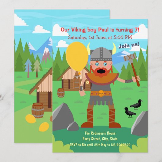 Invitation Père Viking avec ballon appelle à la fête (Devant / Derrière)