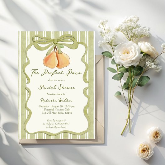 Invitation Perfect pair sage green stripe pear bridal shower